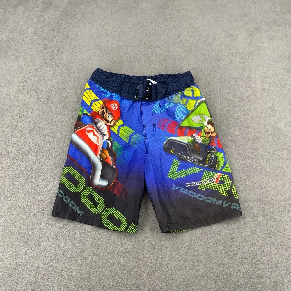 Nintendo Mario Kart Swim Trunks Shorts Boys M 8 Blue Graphic Mario Luigi Bowser